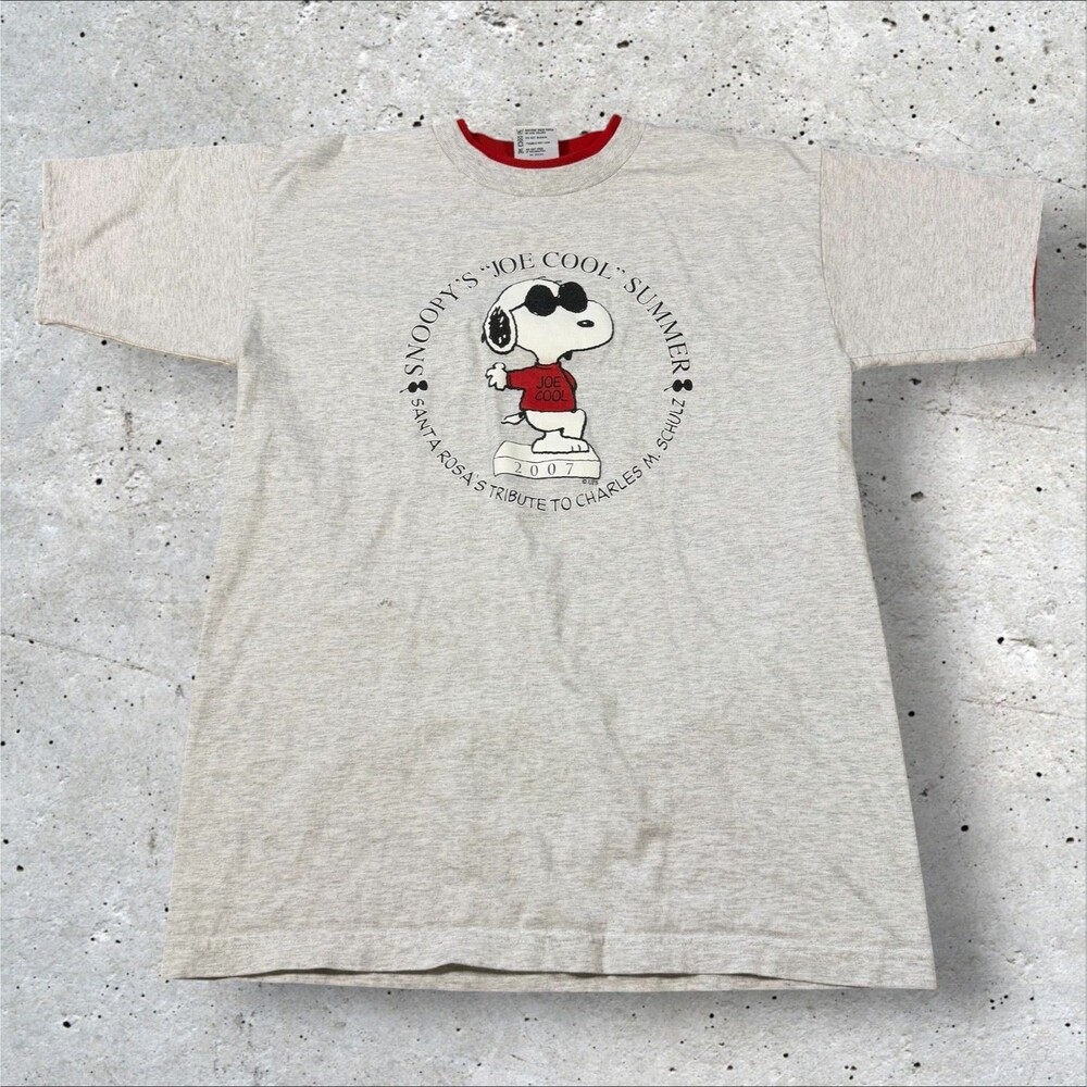 Vintage 2007 Peanuts Joe Cool Snoopy Ringer T Shirt Gray Mens Large Made In USA